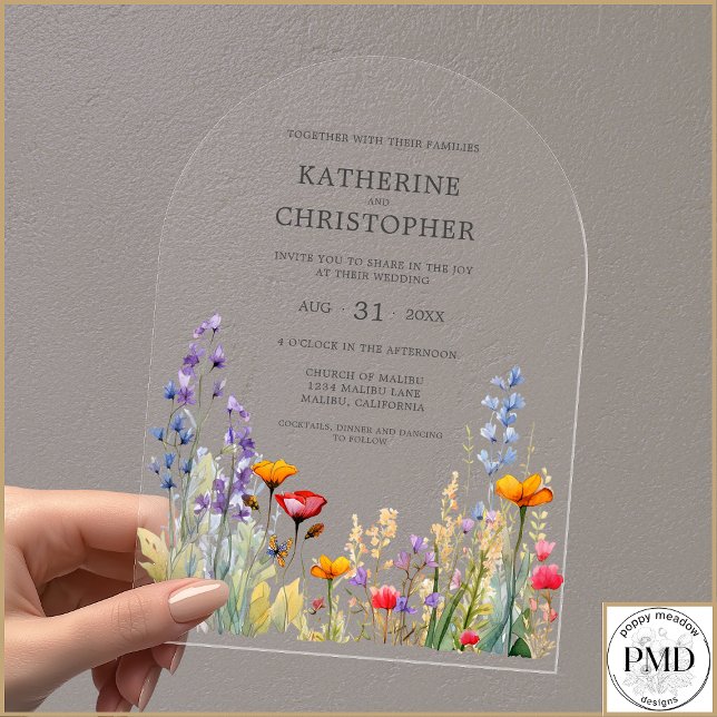 Colourful Wildflowers Elegant Wedding Arch Acrylic Invitations (Colorful Wildflowers Wedding Arch Acrylic Invitation, Purple Orange Pink Watercolor, Gray Text.)