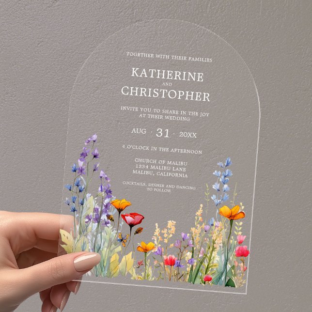 Colourful Wildflowers Elegant Wedding Arch Acrylic Invitations (Colorful Wildflowers Wedding Arch Acrylic Invitation, Purple Orange Pink Watercolor, White Text.)