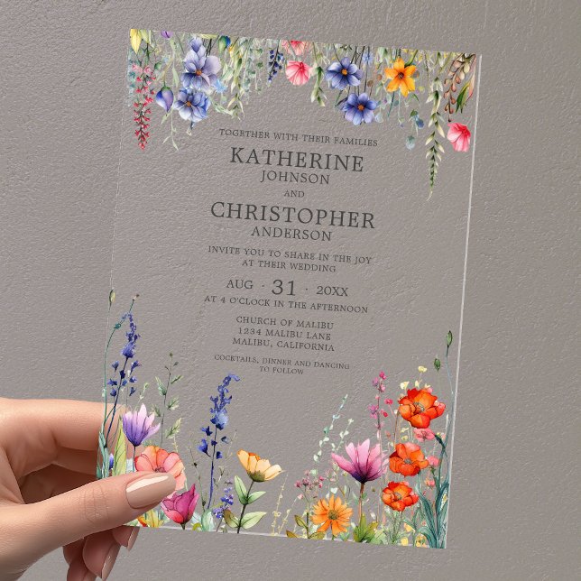 Colourful Wildflowers Elegant Wedding Clear Acrylic Invitations (Colorful Wildflowers Elegant Wedding Clear Acrylic Wedding Invitation with First Last Names in Gray.)
