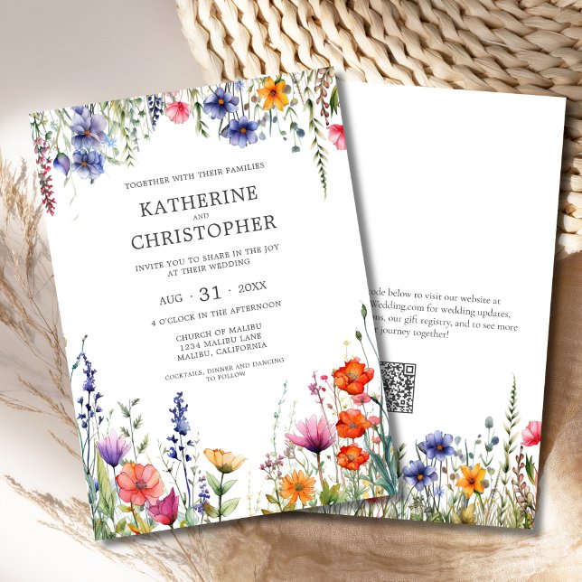 Colourful Wildflowers Elegant Wedding Invitation (Colorful Wildflowers Elegant Wedding Invitation with Orange, Pink, Blue, Red Watercolor Flowers, QR)
