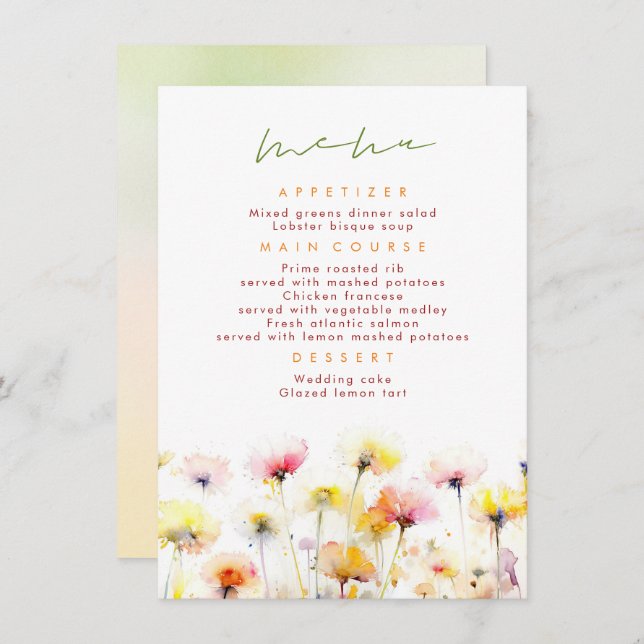 Colourful Wildflowers Elegant Wedding Menu (Front/Back)