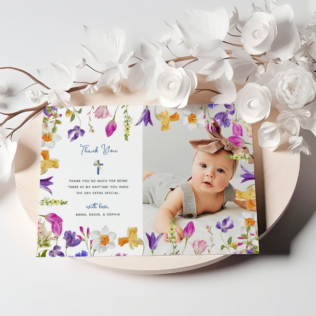 Colourful Wildflowers | Floral Frame Baptism Photo Thank You Card (Creator Uploaded)