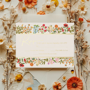 Colourful Wildflowers Floral Garden RSVP Real Gold Foil Invitation Postcard