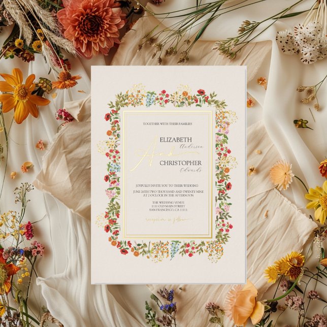 Colourful Wildflowers Floral Garden Wedding Gold (Colorful Wildflowers Floral Garden Wedding Gold Foil Invitation)