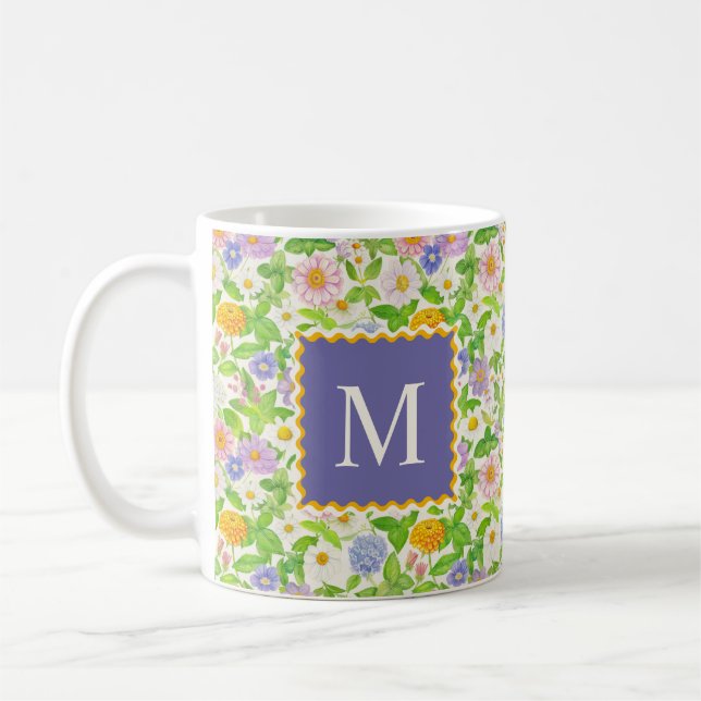 Colourful Wildflowers Floral Pattern Monogram Coffee Mug (Left)