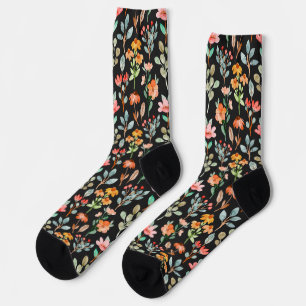 Colourful wildflowers in watercolor on black socks