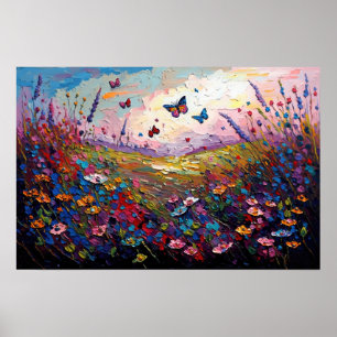 Colourful Wildflowers Meadow with Butterflies Poster
