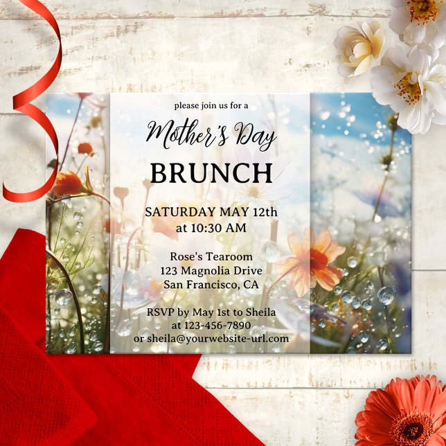 Colourful Wildflowers Mothers Day Brunch Invitatio Invitation (Festive Mother's Day Brunch invitation featuring a field of wildfowers with playful water droplets)