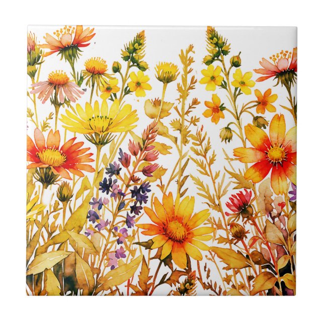 Colourful wildflowers painting ceramic tile (Front)