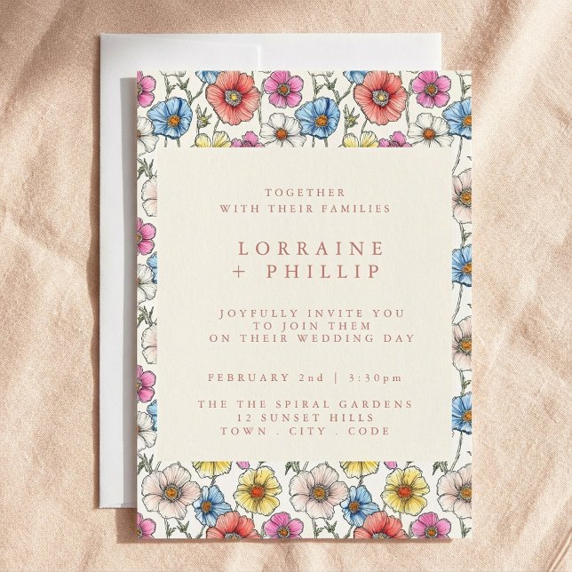 Colourful wildflowers pattern wedding invitation (Colorful wildflowers pattern wedding invitation.)