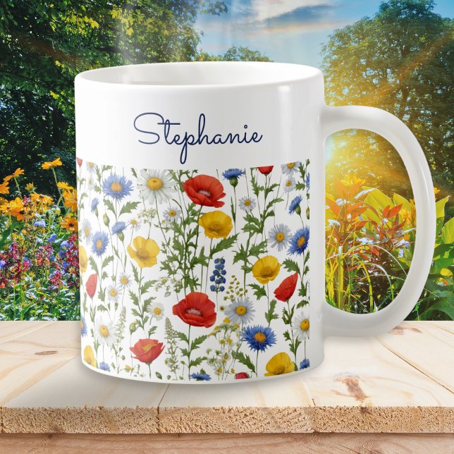 Colourful Wildflowers Pretty Floral Personalised Coffee Mug (A pretty mug with colorful summer wildflowers pattern, personalized with a name in script typography)