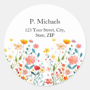 Colourful Wildflowers Round Address Label 