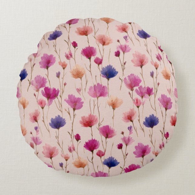 Colourful wildflowers round cushion (Front)