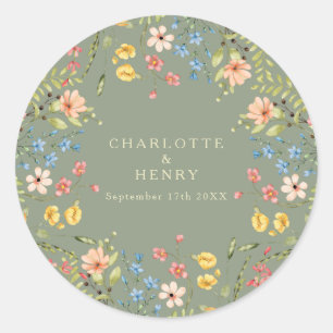 Colourful Wildflowers Sage Garden Wedding Classic Round Sticker