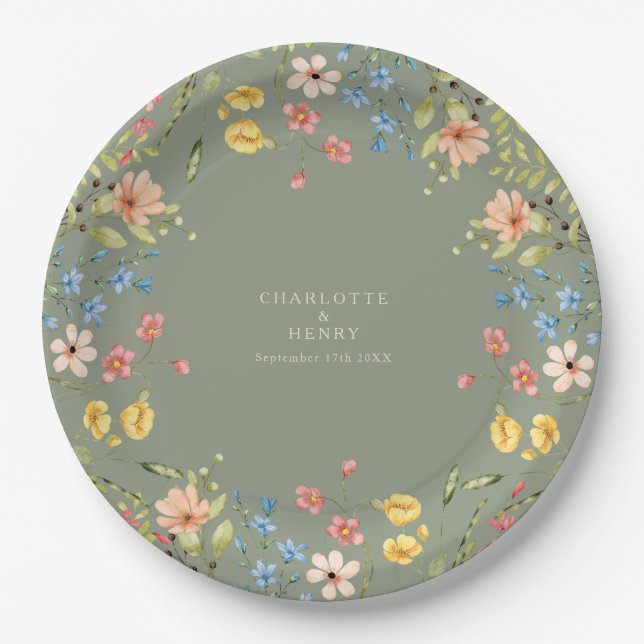 Colourful Wildflowers Sage Garden Wedding Paper Plate (Front)