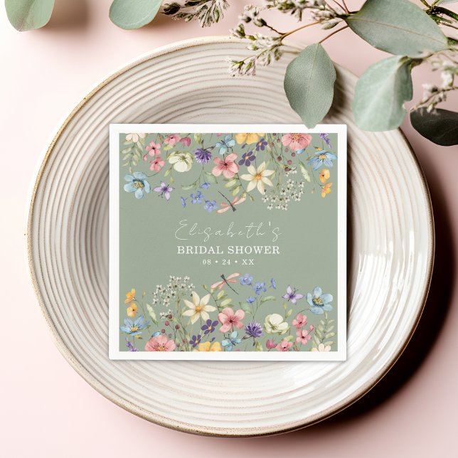Colourful Wildflowers Sage Green Bridal Shower Napkin (Creator Uploaded)