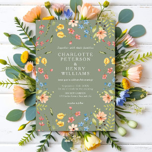 Colourful Wildflowers Sage Green Garden Wedding  Invitation