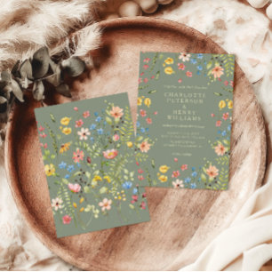 Colourful Wildflowers Sage & Yellow Garden Wedding Invitation