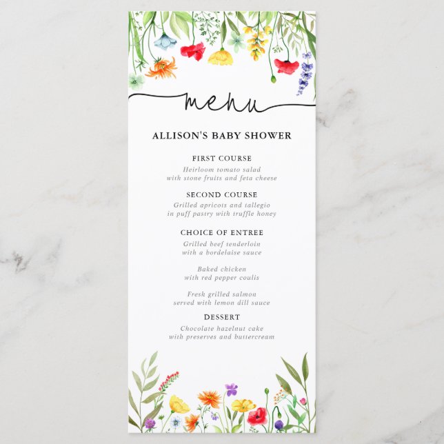 Colourful wildflowers spring baby shower menu (Front)