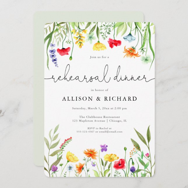 Colourful wildflowers spring rehearsal dinner invitation (Front/Back)