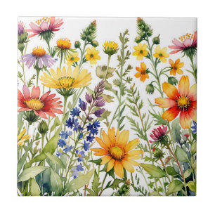 Colourful wildflowers watercolor painting ceramic tile