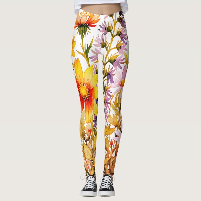 colourful wildflowers  watercolor painting leggings (Front)