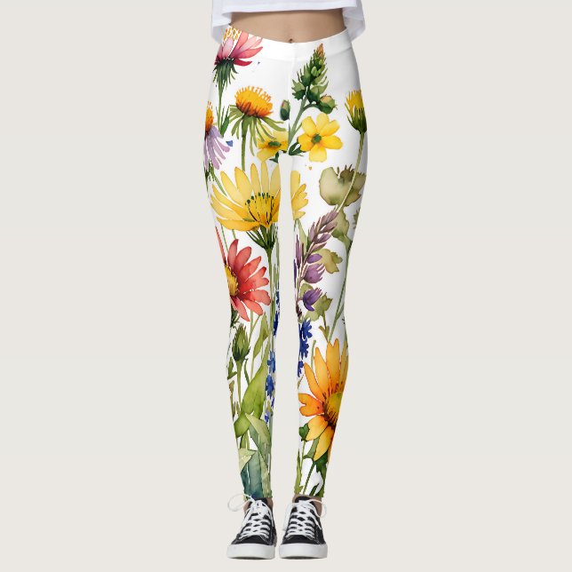 Colourful wildflowers watercolor painting leggings (Front)