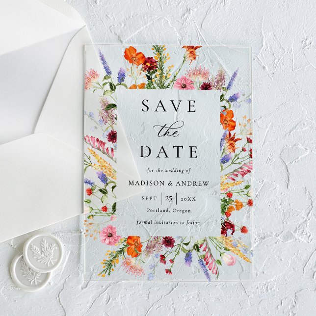 Colourful Wildflowers Wedding Save the Date Acrylic Invitations (Creator Uploaded)