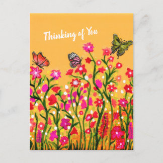 Colourful wildflowers with beautiful butterflies postcard
