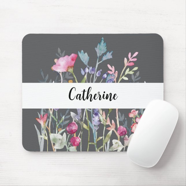 Colourful Wildflowers with Custom Name Grey Mouse  Pad (With Mouse)