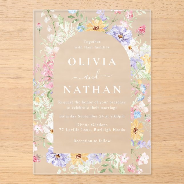 Colourful Wildflowers Wreath Wedding Frosted Acrylic Invitations (Front)