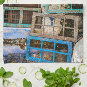 Colourful window frames tea towel