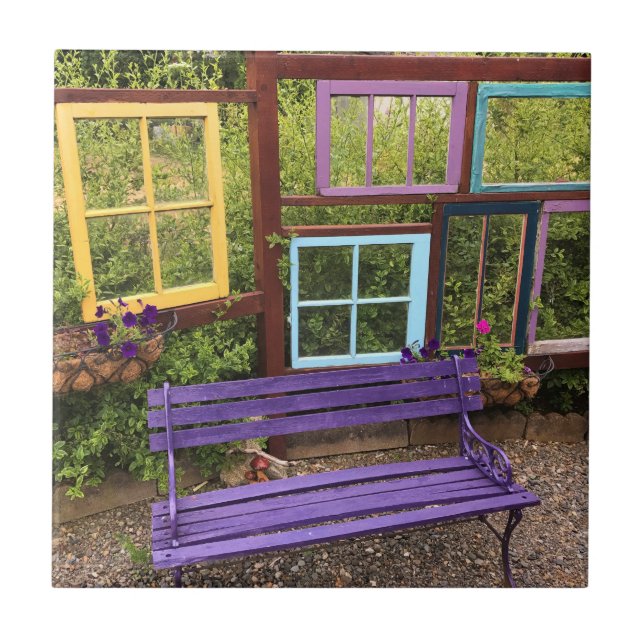 Colourful Windows & Bench Garden Decor Ceramic Tile (Front)