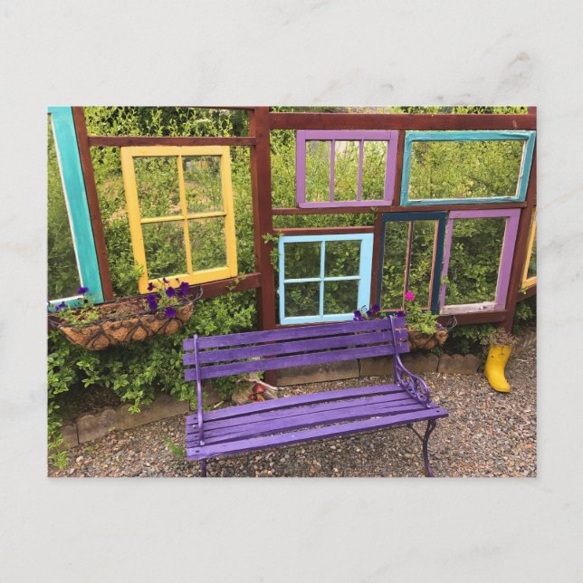 Colourful Windows & Bench Garden Decor Postcard (Front)