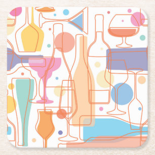 Colourful Wine Bottles and Glasses Pattern Square Paper Coaster