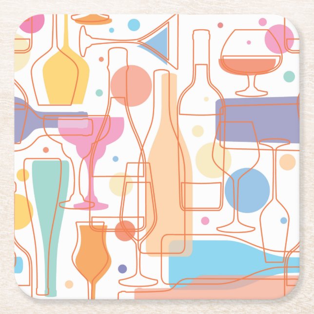 Colourful Wine Bottles and Glasses Pattern Square Paper Coaster (Front)