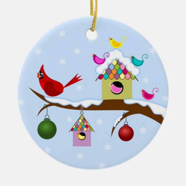 Colourful Winter Birds Round Ornament (Front)