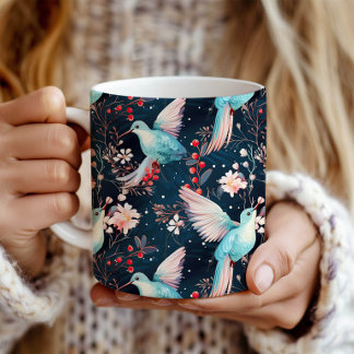 Colourful Winter Hummingbirds & Flowers Pattern Coffee Mug