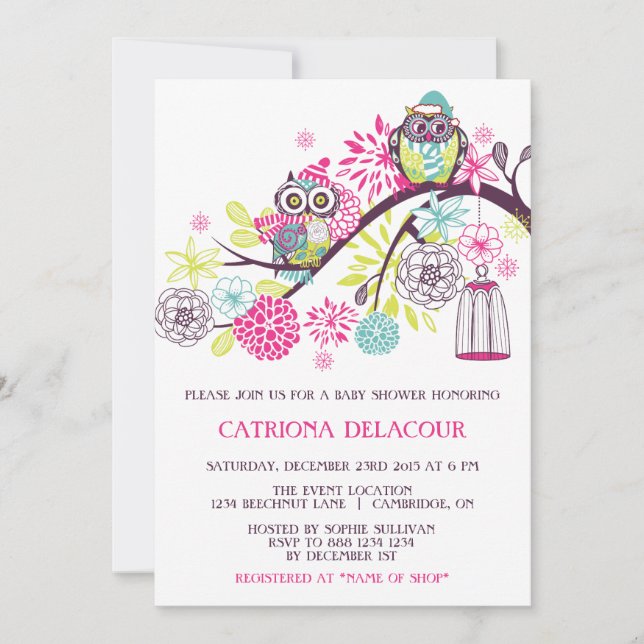 Colourful Winter Owls Floral Baby Shower Invitatio Invitation (Front)