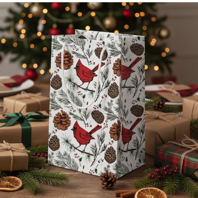 Colourful Winter Perched Red Cardinal & Pine Cones Small Gift Bag (Elegant Red Cardinal Gift Bags. Rustic Cardinal Birds, Pinecones, Pine Winter Xmas Pattern in White.)