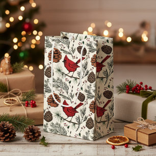 Colourful Winter Perched Red Cardinal & Pine Cones Small Gift Bag