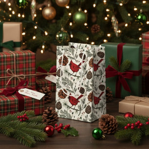 Colourful Winter Perched Red Cardinal & Pine Cones Small Gift Bag