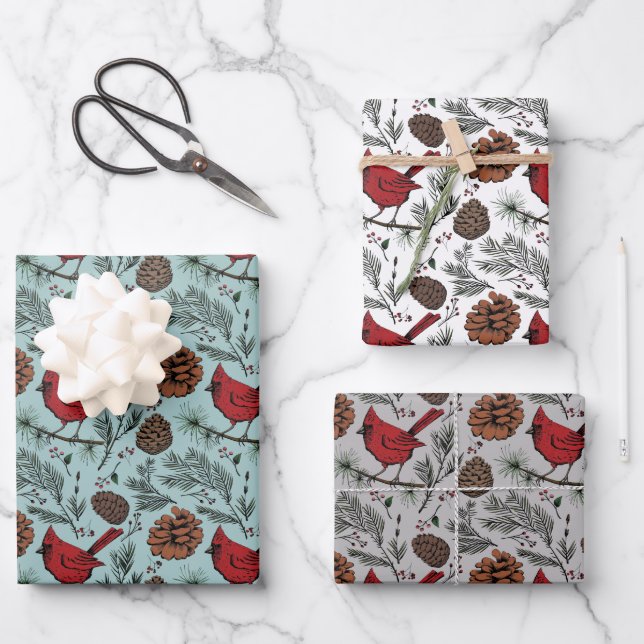 Colourful Winter Perched Red Cardinal & Pine Cones Wrapping Paper Sheet (Front)