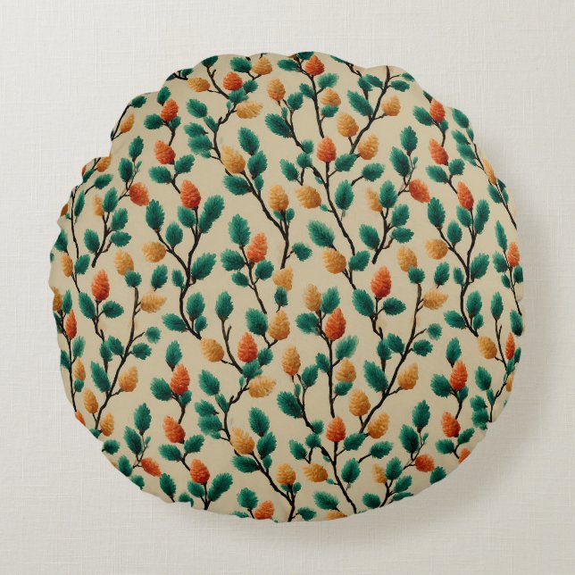 Colourful Winter Pinecone Branches Round Cushion (Front)