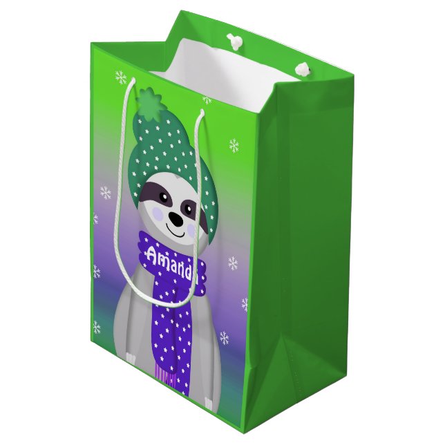 Colourful Winter Sloth Design Medium Gift Bag (Front Angled)