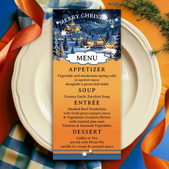 Colourful Winter Wonderland Christmas Menu (Christmas menu card featuring a festive design with a winter wonderland scene on bright orange red)