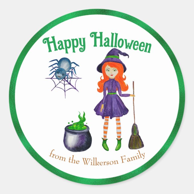 Colourful Witch and Spider Custom Name Halloween Classic Round Sticker (Front)