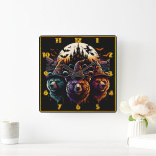 Colourful witch bears by spooky castle square wall clock