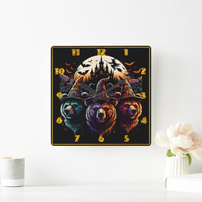 Colourful witch bears by spooky castle square wall clock (Home)