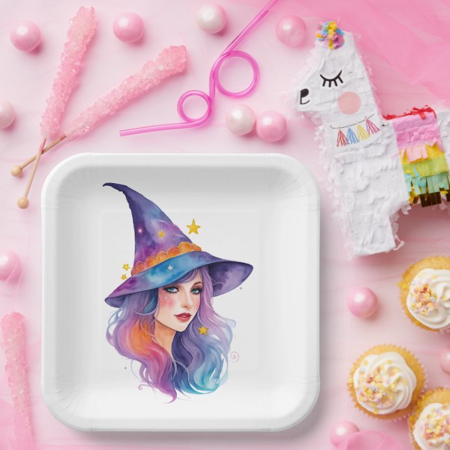 Colourful Witch Drawing Halloween Paper Plate (Party)